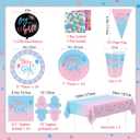 Gender Reveal Decorations, Baby Shower Party Supplies 124 Pieces Paper Plates, Cups, Napkins, Tablecloths, Black Balloon, Banner, Tableware Set Disposable Dinneware