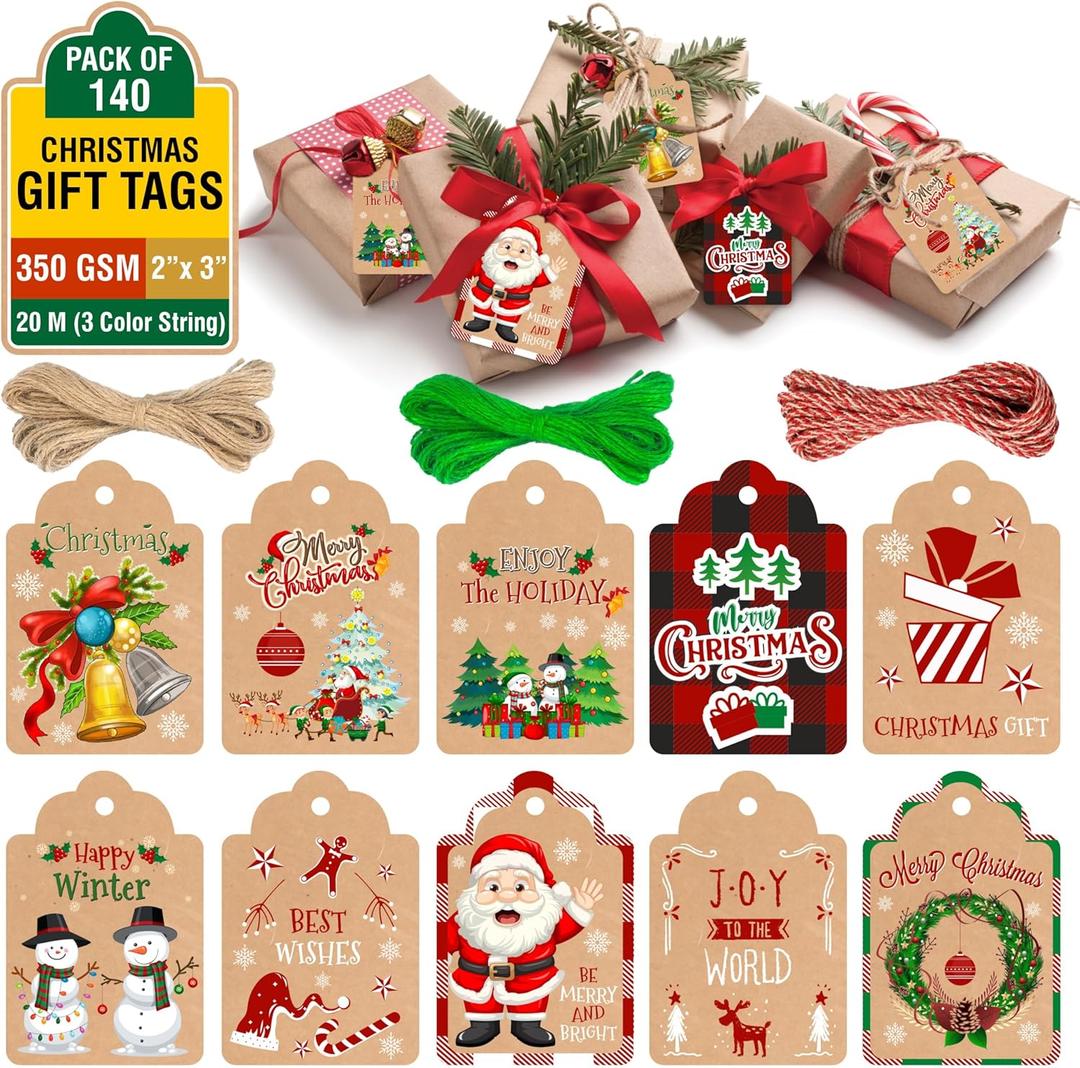 4 x Christmas Gift Tags 140 Packs-Christmas Tags with Twine String to Hang, Kraft Paper Tags 350 GSM & Christmas Tags for Gifts in Christmas Decorations & Name Labels with Holes Brown, Red, White & Green.