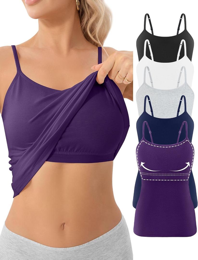 5 Pack Cotton Camisole with Shelf Bra for Women Adjustable Spaghetti Strap Tank Top Basic Undershirts Camis (Gray, XXL)