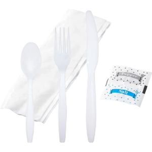Bulk Heavy Weight Cutlery Individually Wrapped White Plastic Cutlery Knife, Spoon, Fork Pack with Napkin and Salt and Pepper Packets - Extra Strong & Resistant