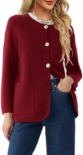 Langwyqu Womens Crew Neck Button Down Cardigan Sweaters Blazer Casual Long Sleeve Knit Solid Sweater with Pockets (Medium, Wine Red)
