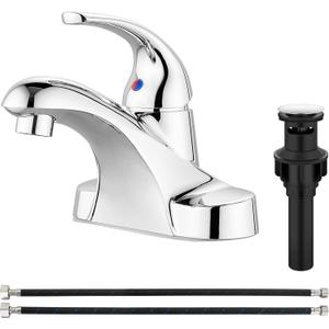 Aolemi Bathroom Faucets Arc 4 Inch Centerset Bathroom Sink Faucet Single Handle Vanity Faucet with Supply Lines,with Pop Up Drain Assembly,Polish Chrome