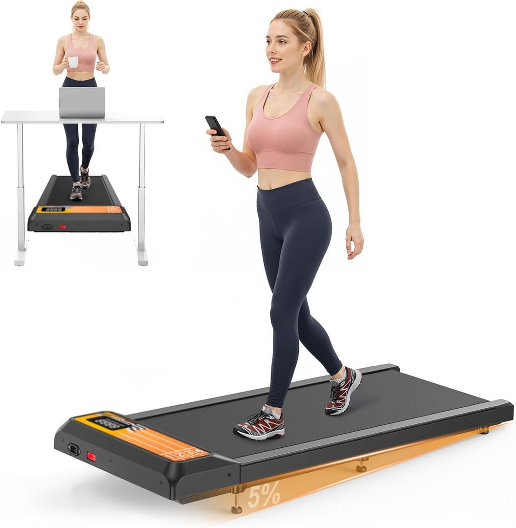 Walking Treadmill Pad with 0-5% Incline, 2.5HP Compact Under Desk Treadmill for Home Office, Quiet Small Walking Mat with App Sync, Remote Control, LED Display (Yellow Runway)