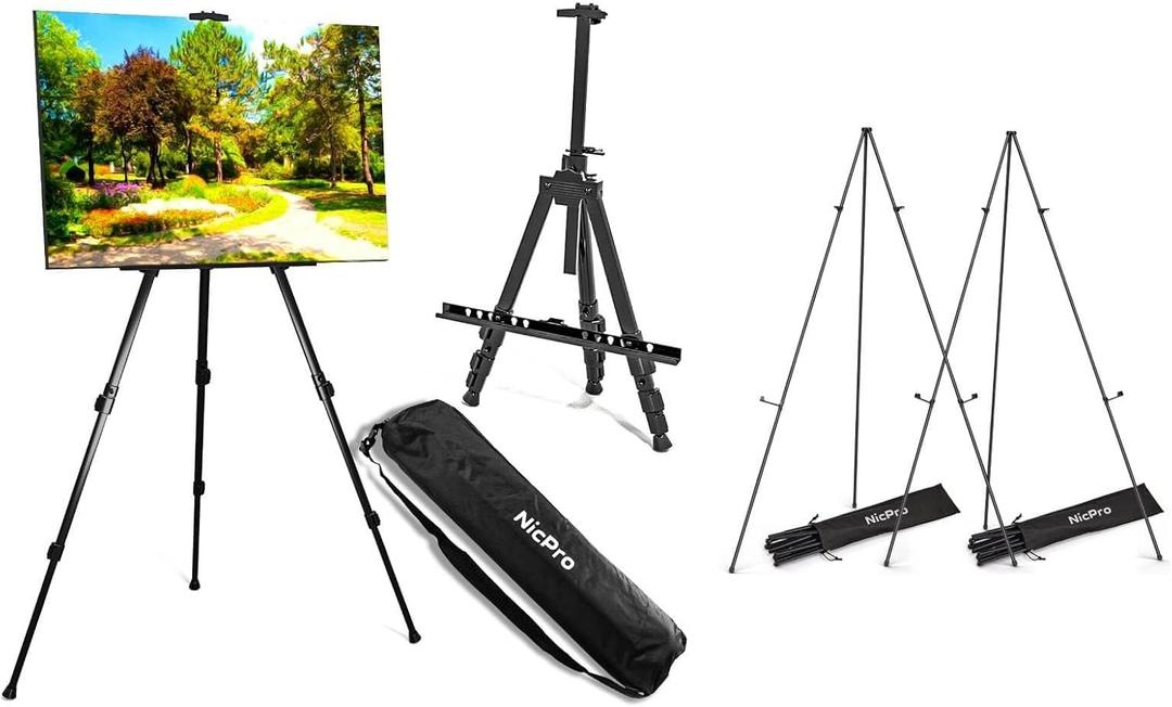 Nicpro 2 Pack 63 Inch Metal Floor Folding Easels & 1 Pack Adjustable Height 17" to 63" Aluminum Metal Tripod Easel for Display