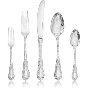 KINGSTONE Vintage Carved Silverware Set, 5-Piece 18/10 Stainless Steel Flatware Cutlery Set with Retro Royal Thick Handle, Tableware Utensils for Home, Restaurant, party, Wedding, Dishwasher Safe