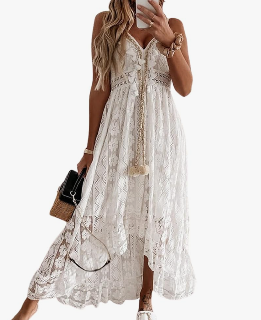 CUPSHE Women's Summer Dresses Sleeveless Lace Casual Tassel Beach Spaghetti Straps Flowy Maxi Sun Dress size M