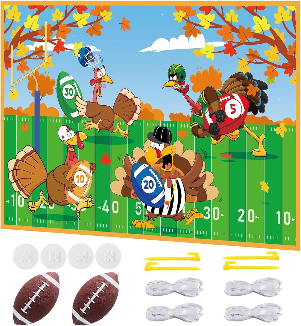 Thanksgiving Bean Bag Toss Game Fall Festival Turkey Hanging Toss Game Banner with 2 Soft Footballs Thanksgiving Games for Family Adults Activities Indoor Outdoor Sports Fun Decoration