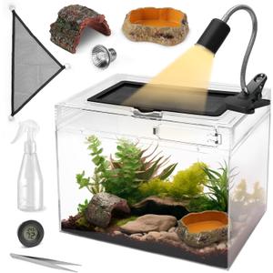 AZV Reptile Terrarium Starter Kit,8 Piece Small Reptile Tank with Escape-Proof Locks,Mesh Top,Multi-Vent Compatible Habitat,Durable Clear PC,Easy-Clean Waterproof Base for Geckos,Frogs,Spiders Large (Medium(15.6*8*10IN))