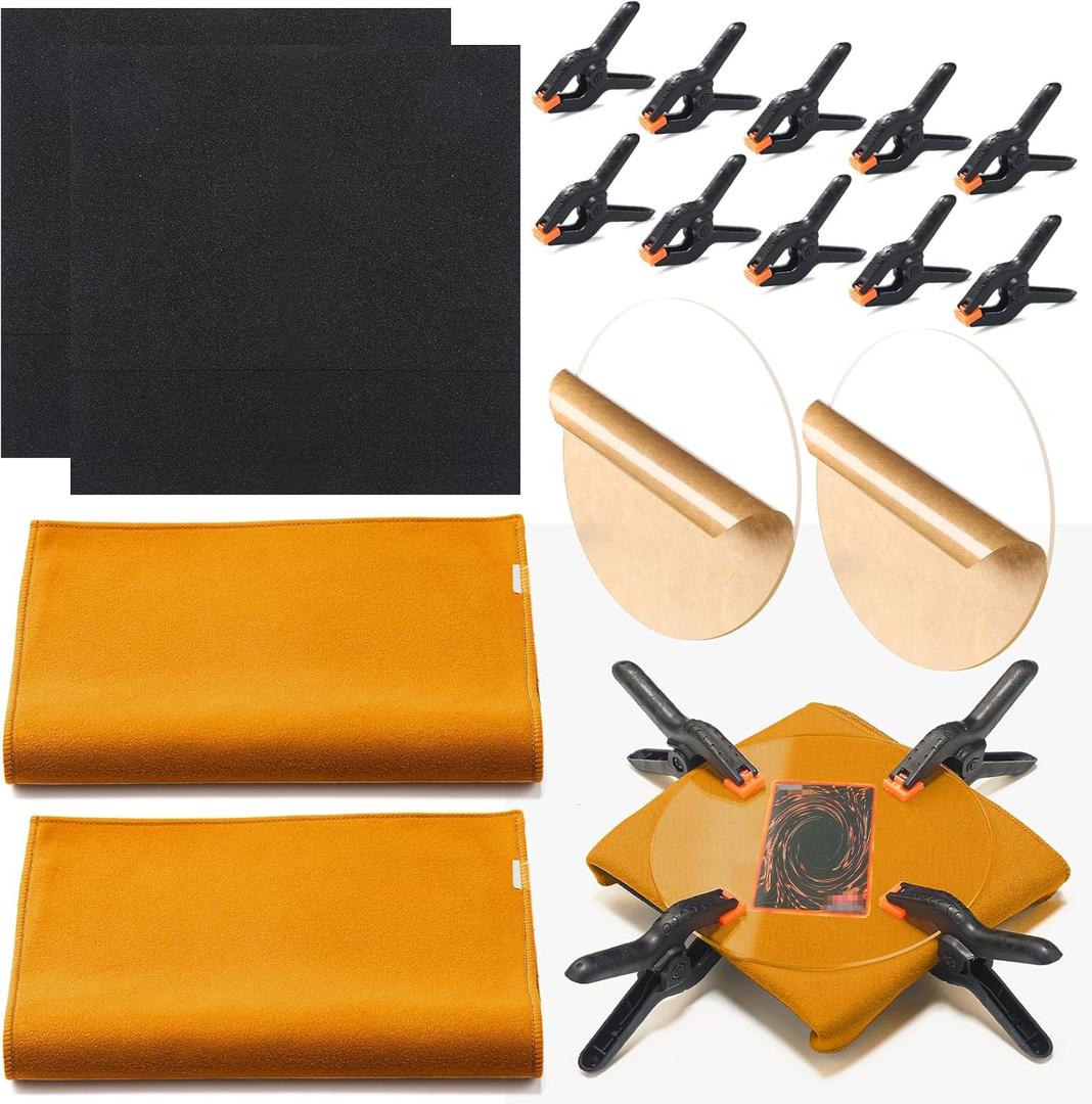 Leinuosen 16 Pcs Trading Card Cleaning Care Tool Accessory Kit Sports Card Flattening Kit Include 2 Pcs 6 Inches Clear Acrylic Rounds 10 Plastic Clamps 2 Pad Material 2 Shammy Towel