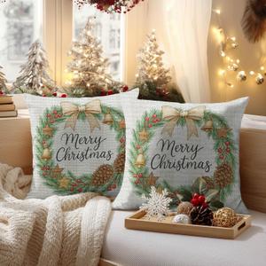 HOMETITUTE Set of 2 Christmas Throw Pillow Covers 18x18 Inch Linen Decorative Merry Christmas with Pine Cones Berries Bells Farmhouse Winter Holiday Pillow Cases for Sofa Couch Bed