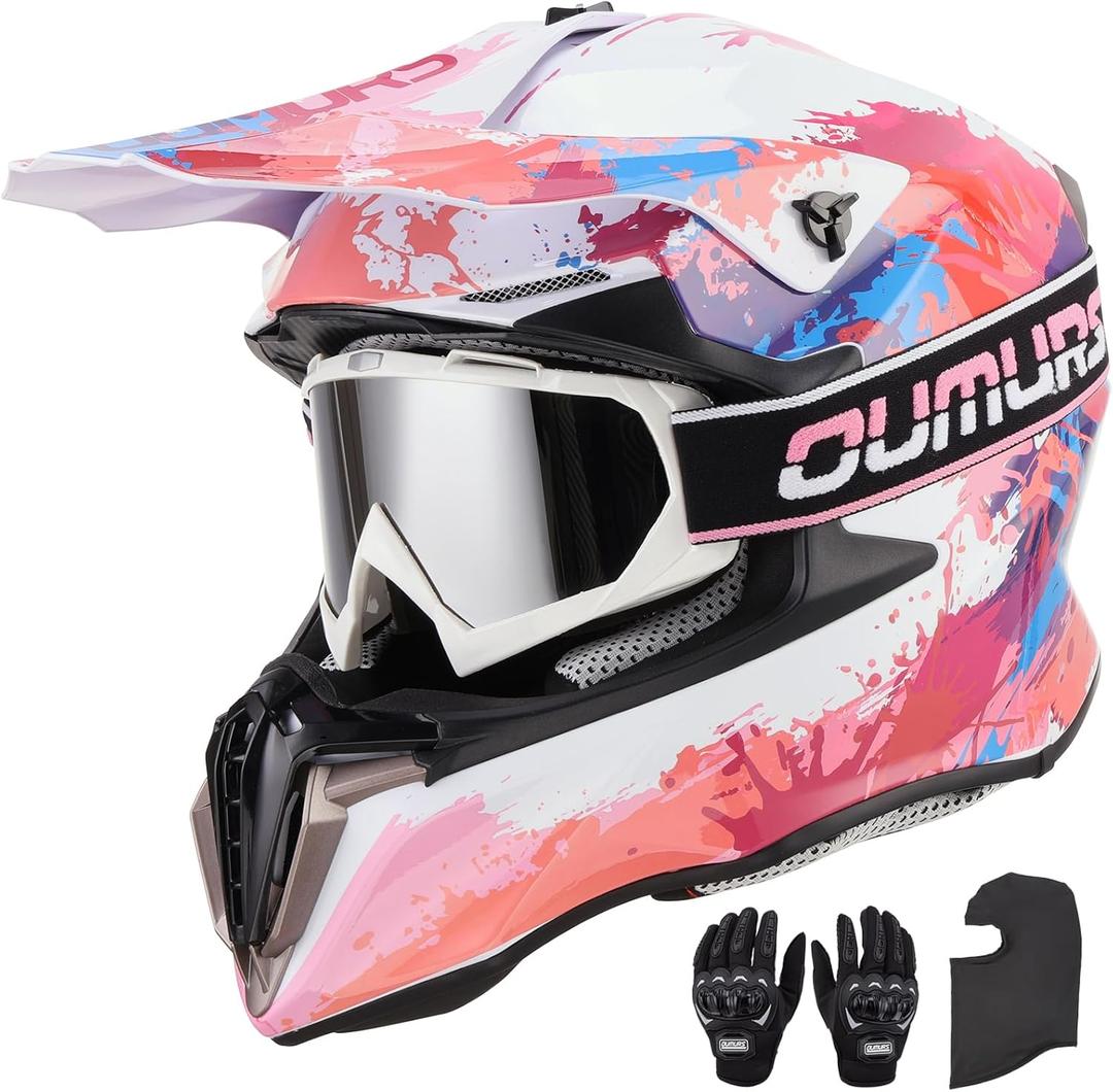 Adult ATV Dirt Bike Helmet with Goggles Gloves & Mask Adjustable Sun Visor Motorcycle Adult Helmet Off-Road Motocross Downhill Moped MX for Unisex-Adult (Medium, Pink Splash)