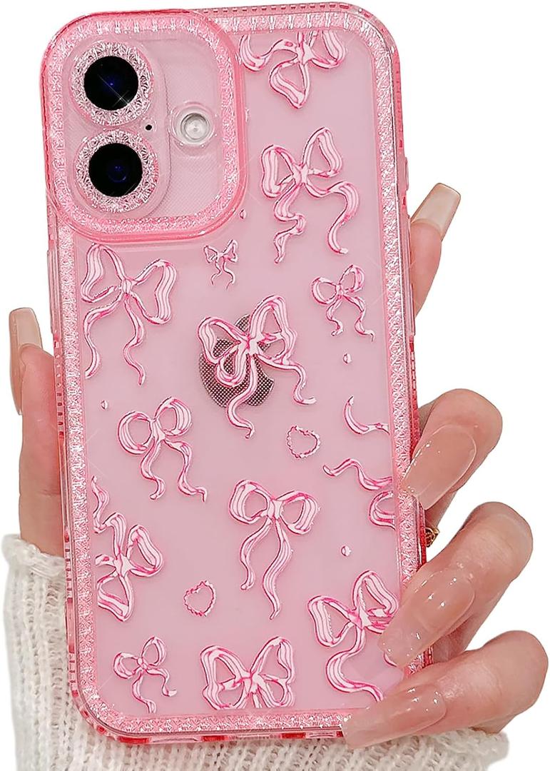 NITITOP Compatible with iPhone 16 Plus Case Cute Clear Pink Glitter Bow Knot Design Shiny Star Sparkle Bling Diamond Girls Women Soft TPU Shockproof Protective Phone Cover - Dot Heart Bow