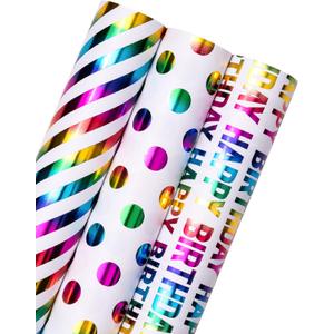 WRAPAHOLIC Birthday Wrapping Paper Roll - Mini Roll - 3 Rolls - 17 inch x 120 inch Per roll - Colorful Foil Birthday Design for Party, Holiday, Baby Shower (Colorful Happy Birthday)