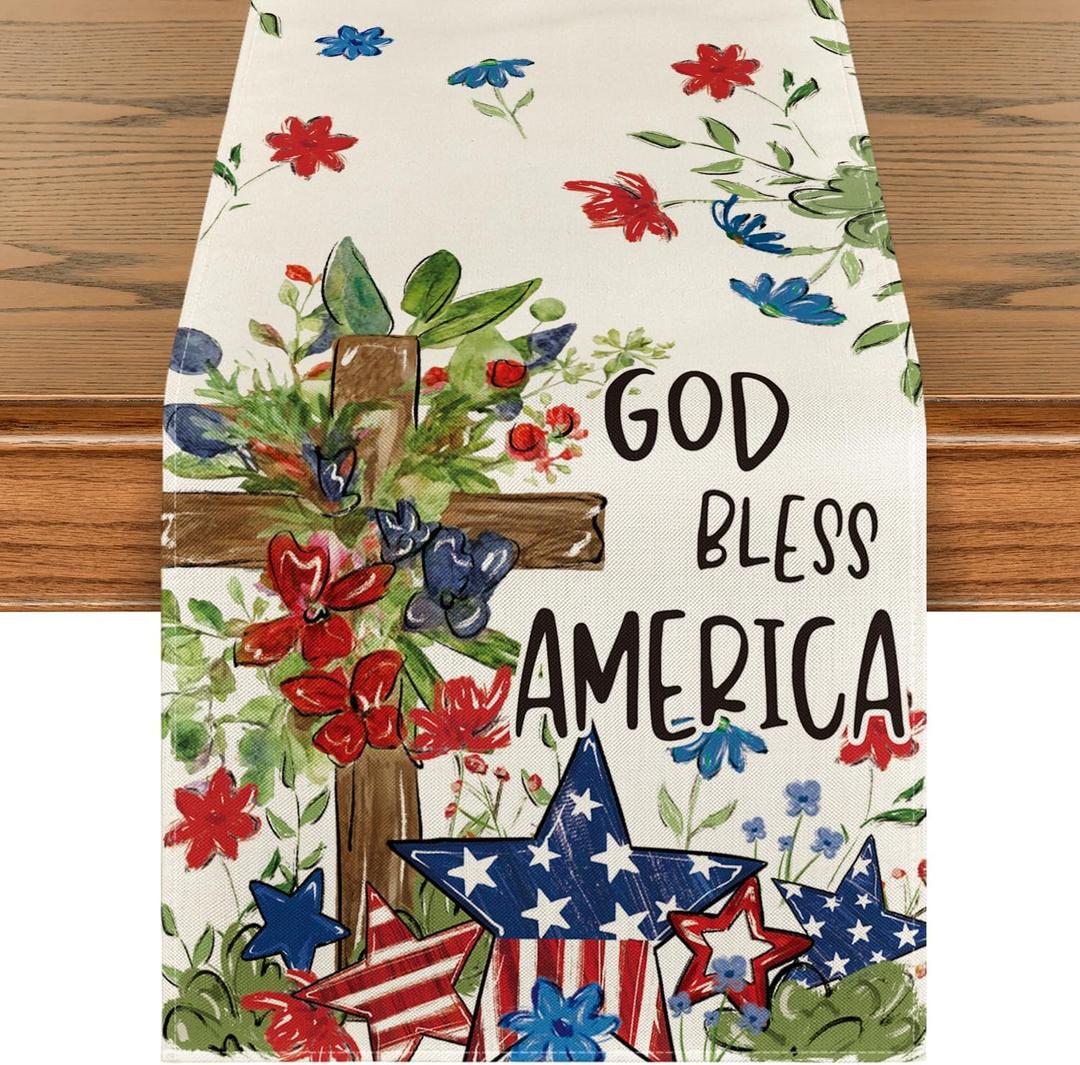 Artoid Mode Cross Star Floral Patriotic 4th of July Table Runner, Memorial Day Kitchen Dining Table Decoration for Home Party Decor 13x108 Inch