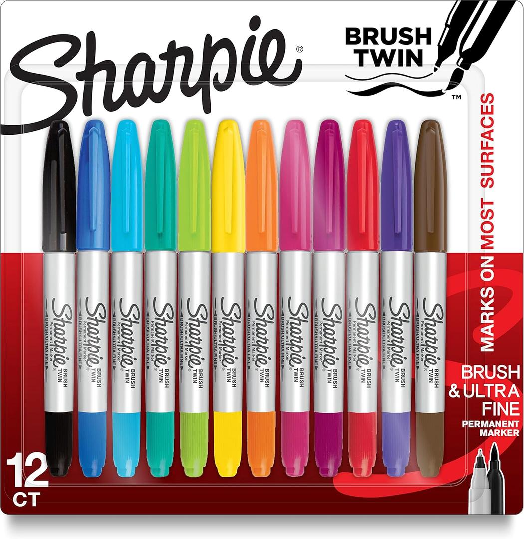 Sharpie Brush Twin Permanent Markers, Brush Tip Marker and Ultra Fine Tip Marker, Assorted, 12 Count