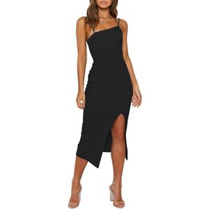OWIN Women's Adjustable Spaghetti Straps Sleeveless High Waist Split Midi Bodycon Cocktail Party Dress (Black) XS 