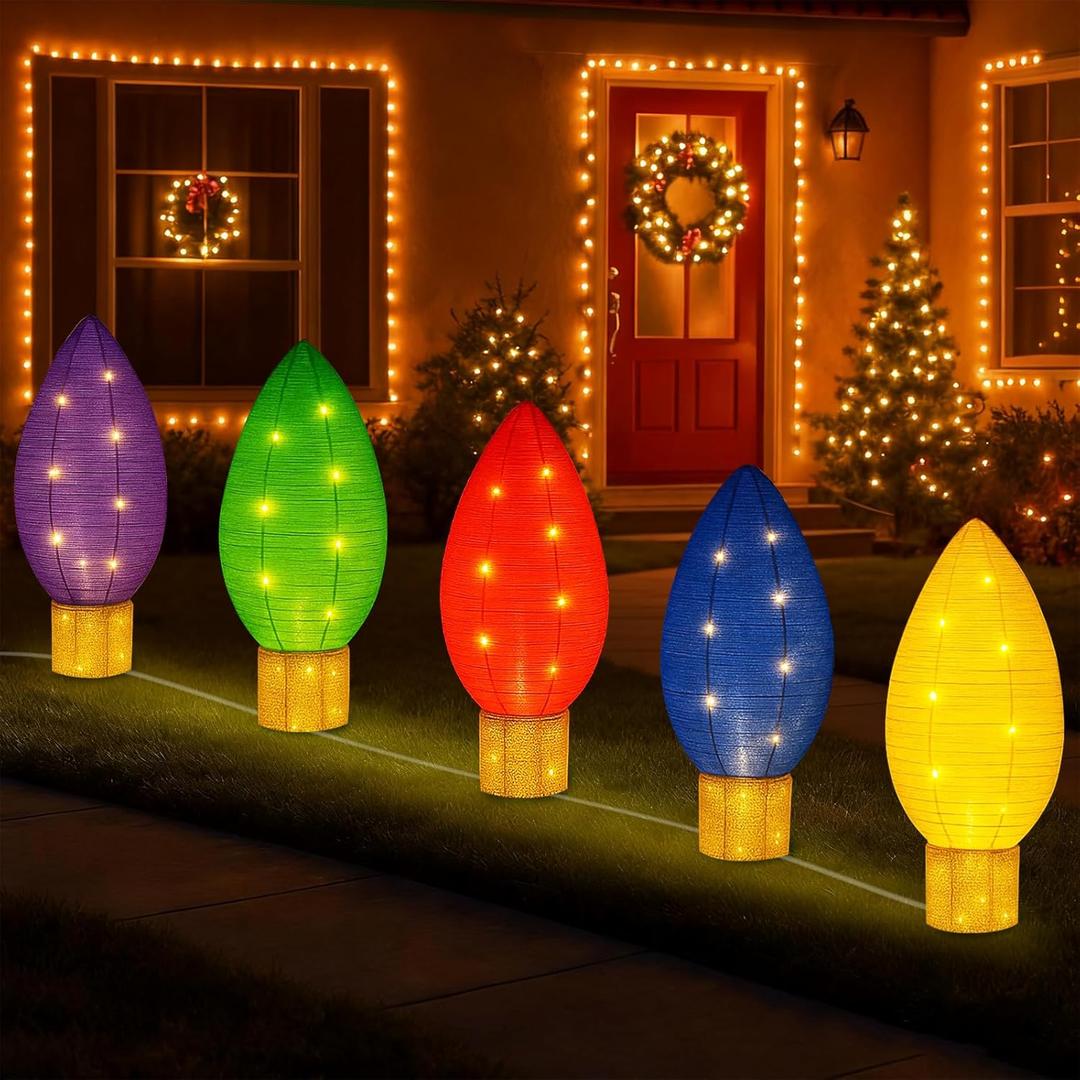 YOTNUS 5 Pack Large Lighted Outdoor Christmas Bulb Decorations, 2.3FT Pop Up Collapsible Yard Decor with 40 LED Lights Each, Weatherproof, Suitable for Christmas Lawn, Yard, and Garden Decorations