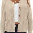 AGSEEM Womens Cardigan Sweaters Knit Button Up Open Front Long Sleeve Crew Neck Short Lightweight Trendy 2025 with Pockets, Beige, Medium