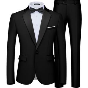 WULFUL Men's 2 Piece Slim Fit Suit Set One Button Blazer Jacket Pants Tuxedo Set for Prom, Wedding and Business (Large, Black)