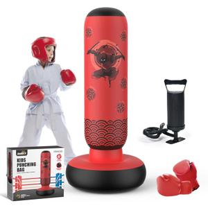 Tall Punching Bag for Kids, Larger 66 Inch Inflatable Stable Boxing Bag for Teens, Ninja Shuriken Toy Gifts for Boys Girls, Boxing Set with Gloves and Pump for Practicing Karate Taekwondo (Red)