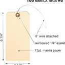 100 Large Manila Paper Tags with Wire Attached # 8, 6 1/4" x 3 1/8" Manilla Shipping Tags with Reinforced Eyelet and Metal Wire, Labels with Ties