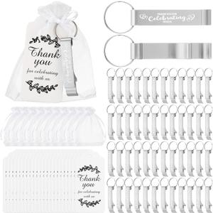 Misdary 100 Sets Wedding Thank You Gifts for Guests Include 100 Beer Bottle Opener Keychains 100 Thank You Cards 100 Organza Bags for Wedding Bridal Shower Birthday Souvenirs Gifts(Silver)