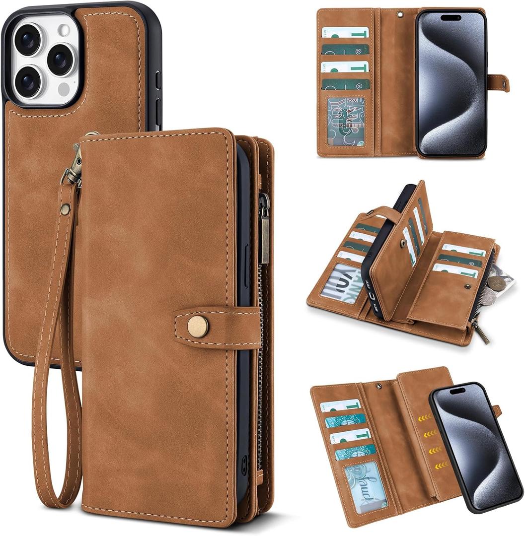 TwoHead Wallet Case Compatible with iPhone 15 Pro, Detachable Magnetic Phone Case, All-Round Protective Leather Phone Case with Card Holder,6.1 in, Brown