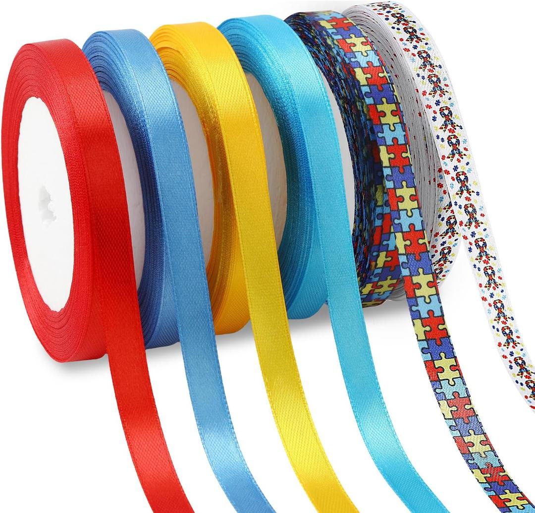 DECYOOL 6 Rolls 150 Yards Autism Awareness Ribbons, Autism Satin Wreath Ribbon Puzzle Burlap Ribbons for Gifts Wrapping Party Decor Craft Bow Charitable Making Supplies