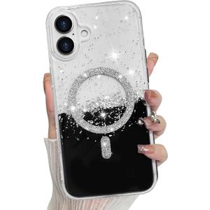Bonoma for iPhone 16 Plus Case Sparkly Glitter Bling Back, Magnetic Support for MagSafe Shockproof, Crystal and Clear High-Duty Protection for Girls Women-Black