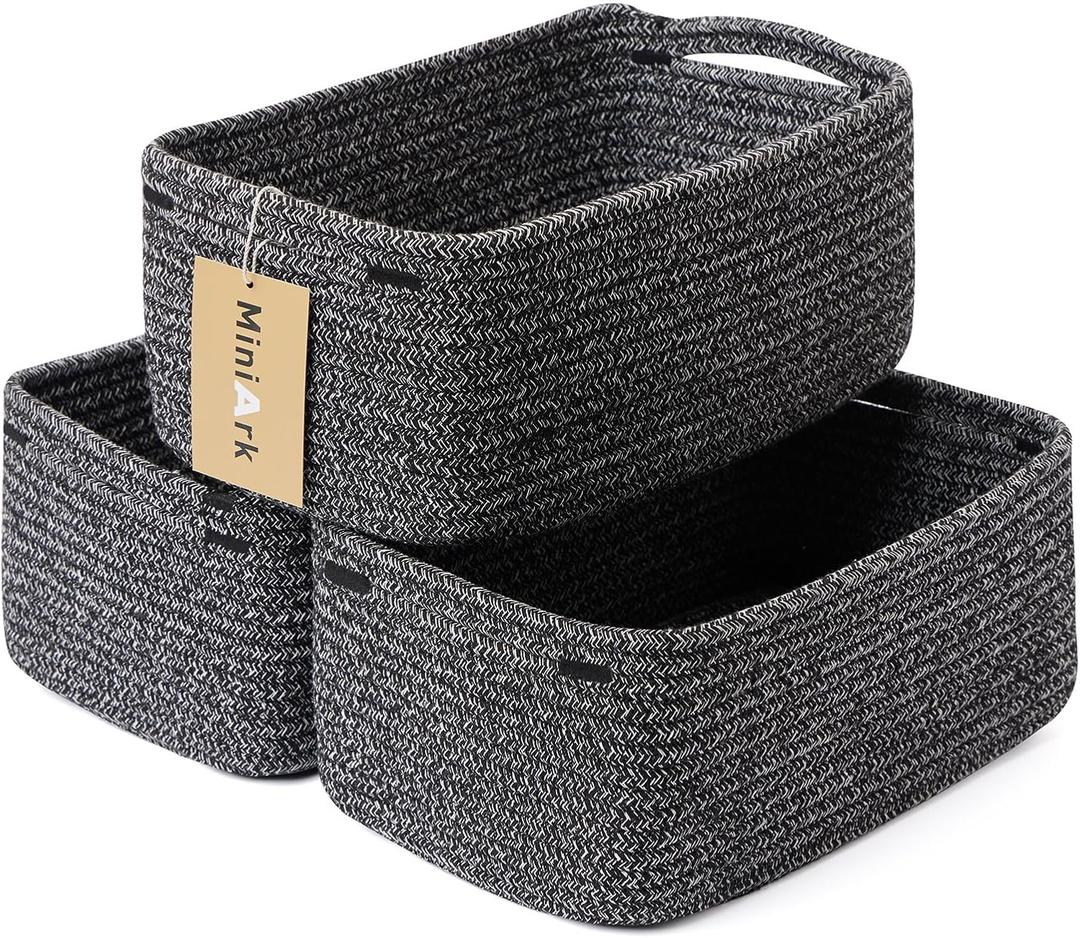 Small Storage Baskets for Organizing | Closet Organizer Bins | Shelf Toy Basket | Woven Rope Baskets | Cube Decorative Box | Shallow Basket | 13x8.5x5.1 | 3 Packs Dark Gray