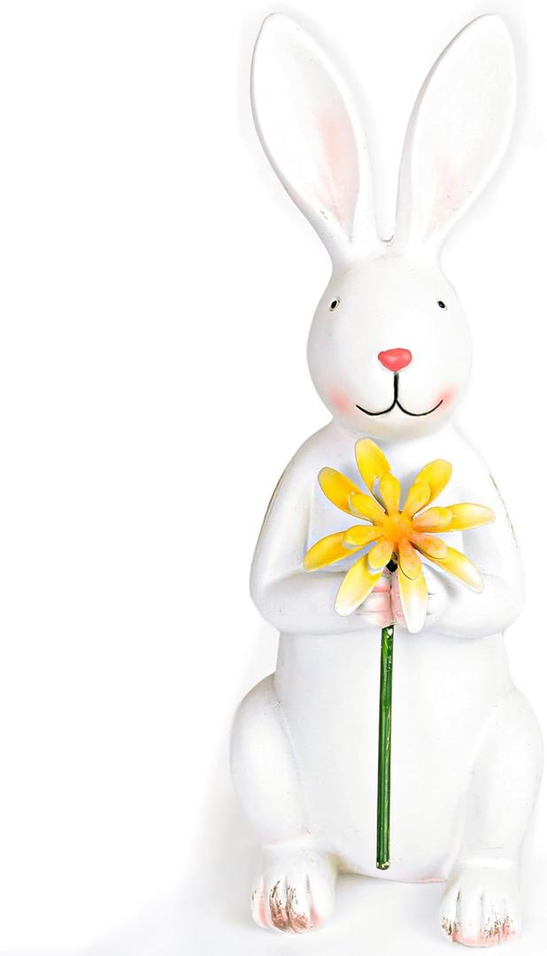 Lotus Hills Easter Decorations, 9.3 Inch Resin Easter Bunny Decor with Flowers, Cute Spring Rabbit Decor for Home, Vintage Rabbit Figurine for Easter Table Decorations, Easter Bunny Gifts
