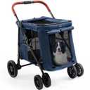 Upgraded 4 Wheels Pet Stroller for Small/Medium Dogs- One Button Fold, Adjustable Mesh Windows and Shades, 360 Swivel Front Wheels and Rear Wheel Brake (Navy Blue)