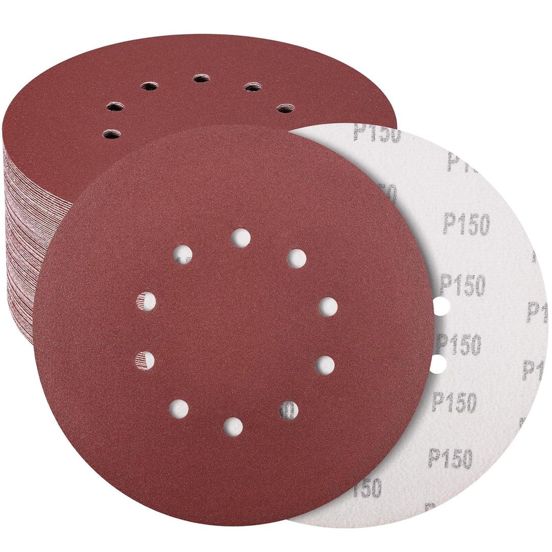 50 Pack 9-Inch 10-Hole Hook-and-Loop Sanding Disc, 150 Grit Aluminum Oxide Drywall Sandpaper for 9" Drywall Sander Pads Ceiling Wood Floor