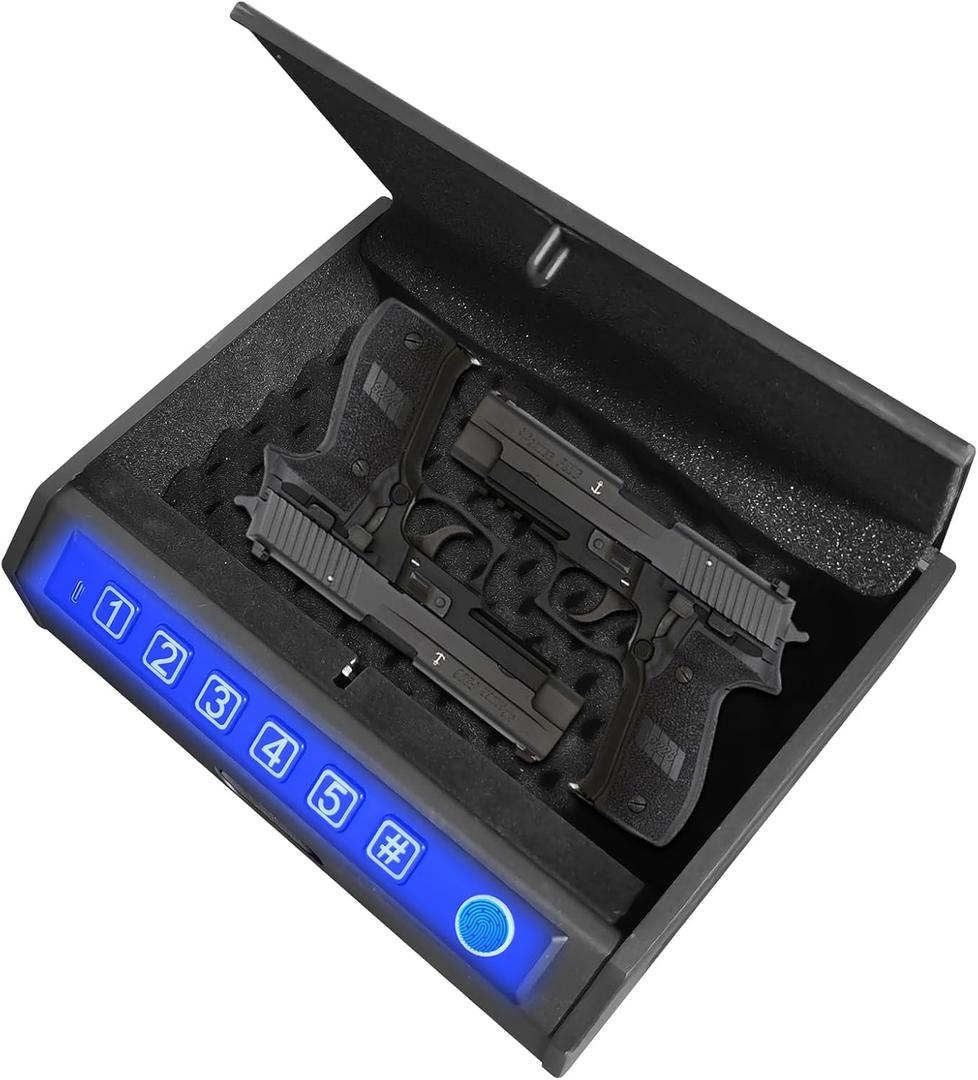 Gun Safe for Handgun  Upgraded 0.1 Seconds Quick Access Pistol Safe with Fingerprint, Keypad & Backup Key, Silent Mode, Portable Firearm Lock Box for Bedside, Nightstand, Car, Home