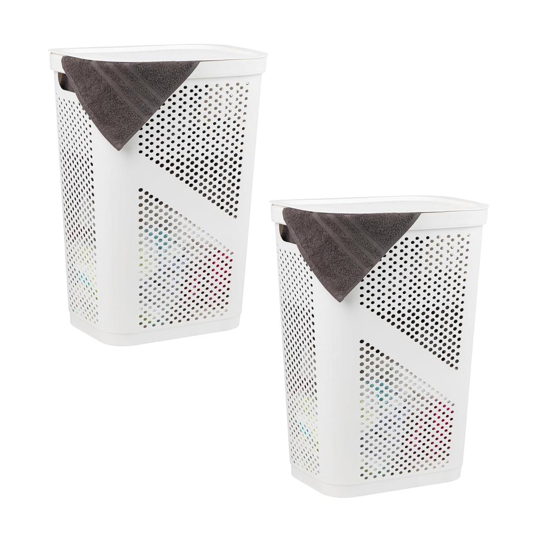 Mind Reader 60L Slim Laundry Hamper, Clothes Basket, Lid, Ventilated, Plastic, Set of 2, White