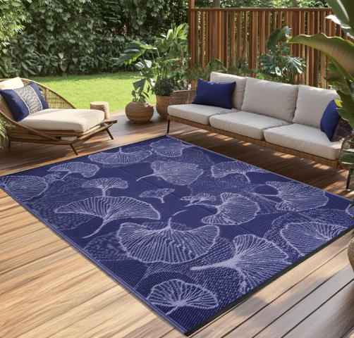 Pcinfuns Outdoor Patio Rugs 9X12 Waterproof, Reversible Plastic Straw Camping Rug Carpet, Large Area Rugs Mats for Rv, Deck, Porch, Picnic, Beach, Balcony, Navy Blue & Grey