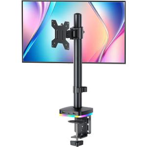 RGB Single Monitor Desk Mount, Monitor Arm with 3 USB Ports, Charging and USB Data Transfer Function, Desk Mount for 13"-27" Monitors up to 17.6lbs, Adjustable Height, Tilt, Swivel, Rotate