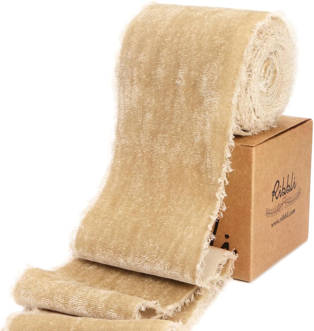 Ribbli Light Champagne Velvet Ribbon 3 Inch Handmade Frayed Vintage Christmas Ribbon for Gift Wrapping Christmas Tree Ornament Wreath Craft Home Decor-3 Yards