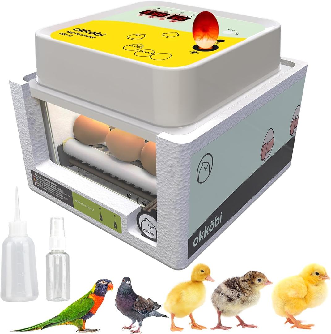 Incubators for Hatching Eggs - 12 Eggs - Ideal All Ages | Egg Incubator with Automatic Egg Turning and Humidity Control - Integrated Egg Candler - Okkobi OBI-12 (White Yellow)