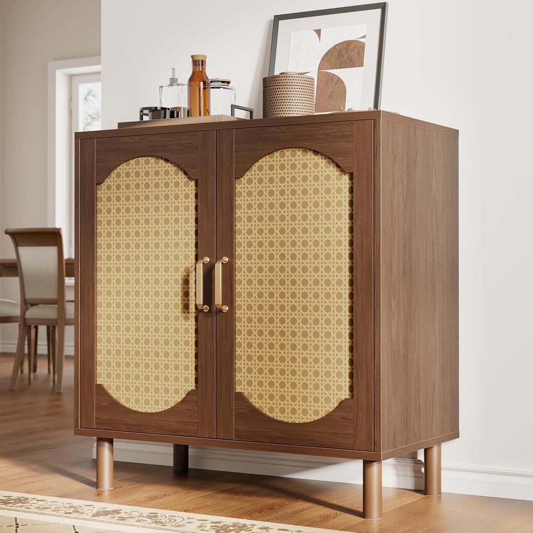 29 inch Rattan Sideboard Buffet Cabinet, Boho Credenza with 2 Doors and Adjustable Shelf, Small Coffee Bar Storage for Kitchen, Entryway (Set of 1, Dark Walnut)