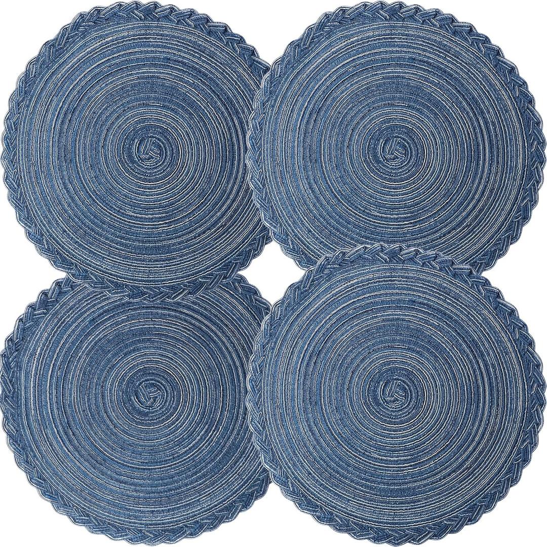 Placemats Set of 4 Round Table Mats,Woven Blue Placemasts Washable Cotton Table Placemat for Dining Room Table Decor
