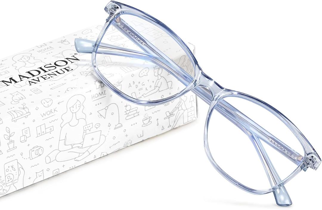 Madison Avenue Blue Light Blocking Glasses Anti Eyestrain UV Glare Blue Light Glasses for Women TV Phone Computer Gaming Eyeglasses (Clear Blue)