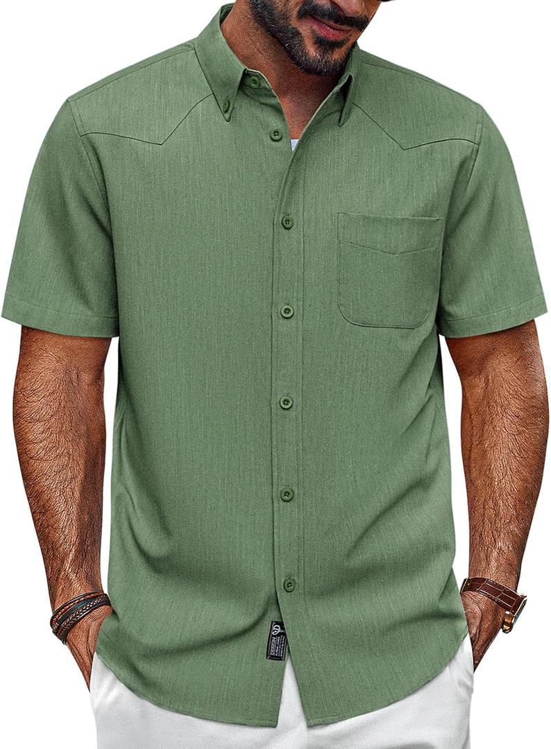 PJ PAUL JONES Men's Casual Button Down Shirts Summer Short Sleeve Shirts with Pocket (Medium, Green)