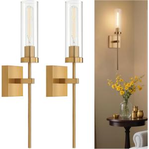 Wireless Wall Sconces with Remote Control, Brushed Gold Battery Operated Wall Sconce Set of 2, Dimmable Rechargeable Wall Decor Lights for Living room Dining room Bathroom Bedroom Hallway Stairwell