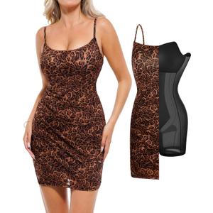 Popilush Leopard Print Dress with Built in Shapewear Spaghetti Strap Mini Dresses Mesh Ruched Bodycon Summer Splash (Large)