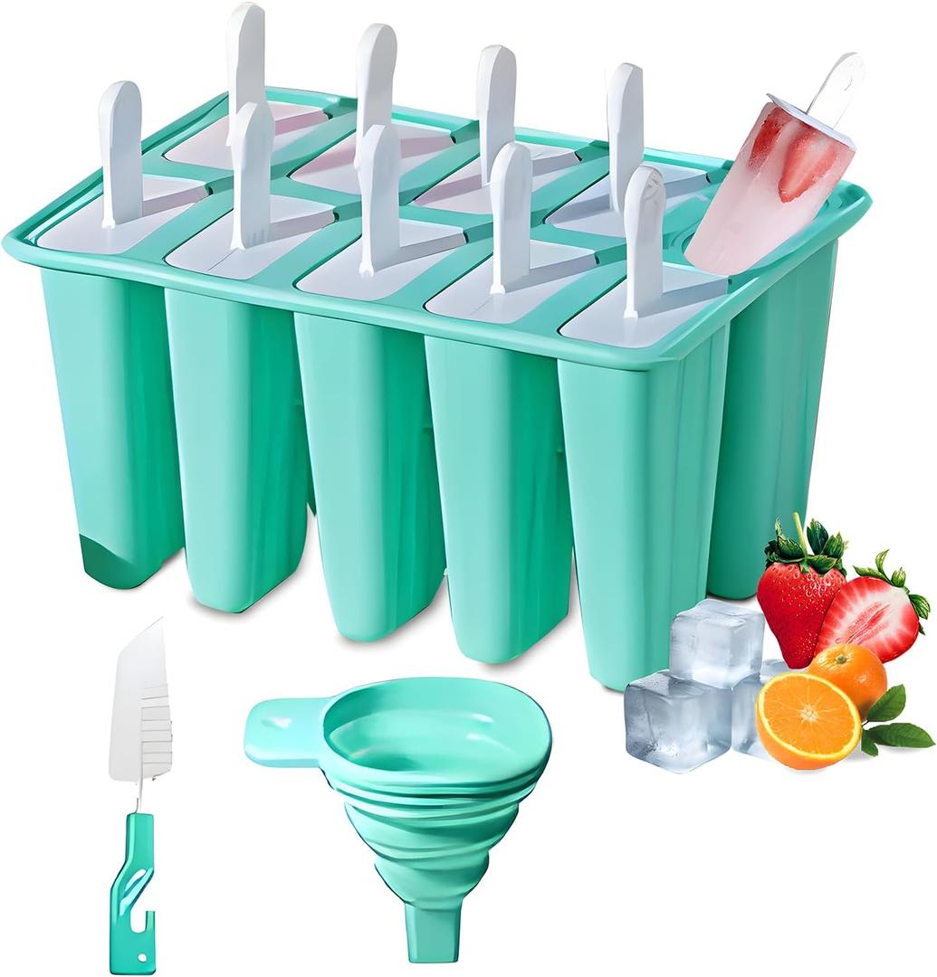 Silicone Popsicle Molds 10 Pcs Ice Pop Maker Molds with 10 Reusable Sticks, Cleaning Brush and Funnel - Homemade Easy-Release Reusable Popsicle Moulds Shapes (Green)