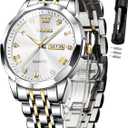 OLEVS Watch for Men Diamond Business Dress Analog Quartz Stainless Steel Waterproof Luminous Date Two Tone Luxury Casual Wrist Watch Blue