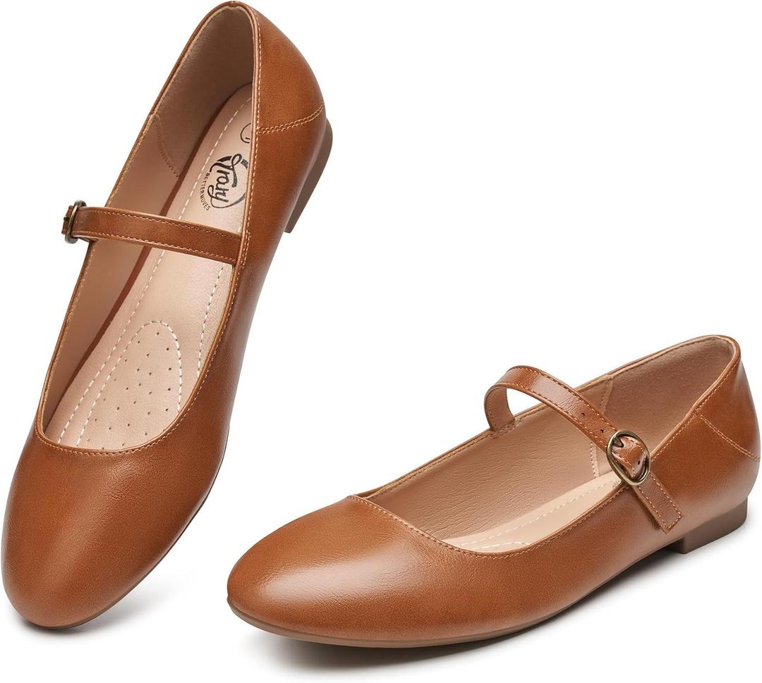 Trary Mary Jane Ballet Flats, Black Flats for Women, Ankle Strap Dressy Comfortable Flats (7, Brown)