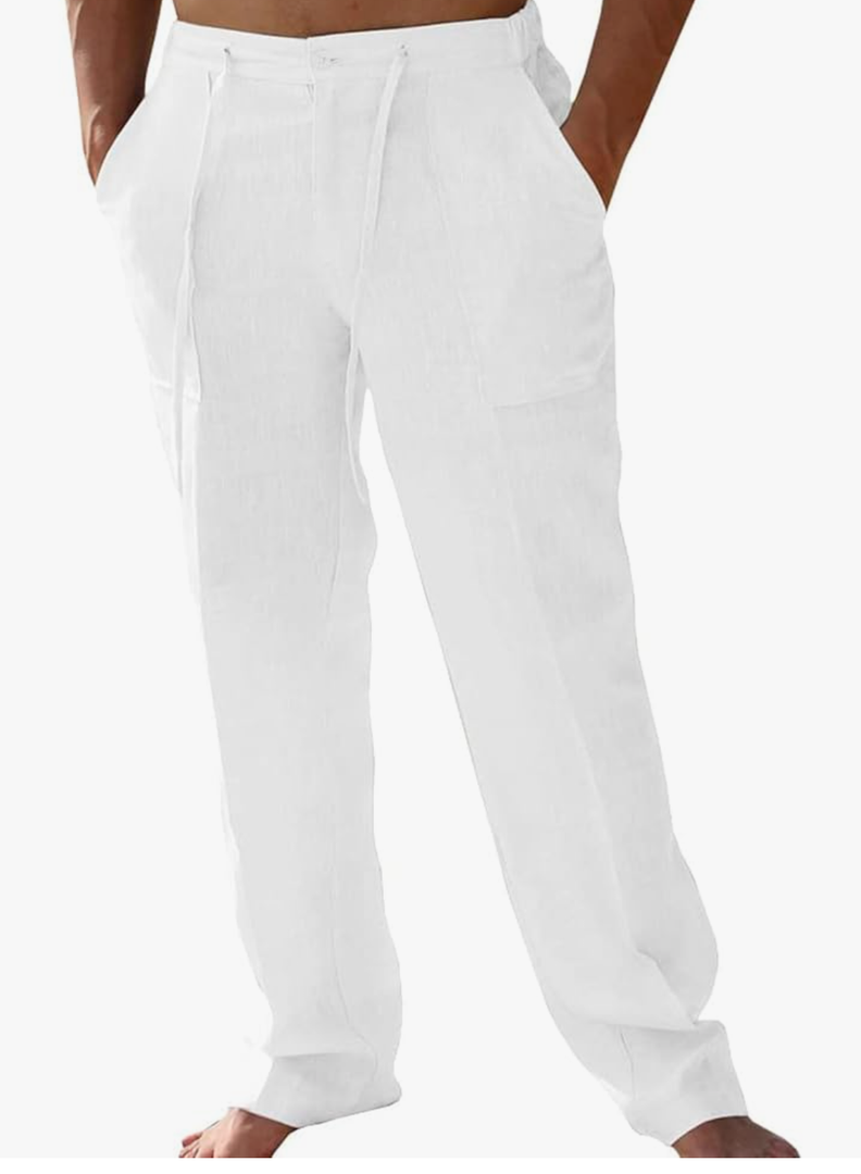 Men's Linen Pants Elastic Waist Drawstring Lightweight Casual Cotton Yoga Pants Loose Fit Summer Beach Long Trousers M