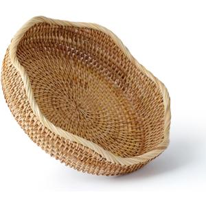 8.7 Small Basket Wicker, Rattan Serving Bowl Bowls, Small Decorative Tray, Natural Handwoven Basket, Entryway Nightstand Dining Room Kitchen Counter Table Coffee Organizing Snack Pastries Jewry (Wave(Natural 1 Piece S Size))
